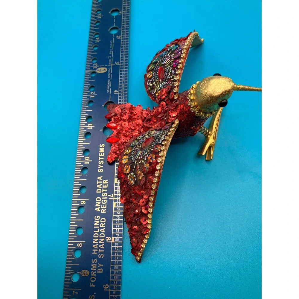 Pier 1 Hummingbird Ornament OS Red Gold Sequin Beaded Clip On Vintage